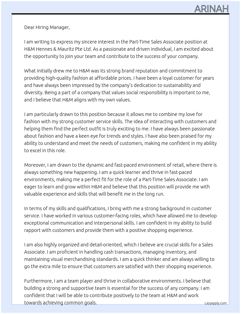 Part-Time Sales Associate At H&M Hennes & Mauritz Pte Ltd Cover Letter