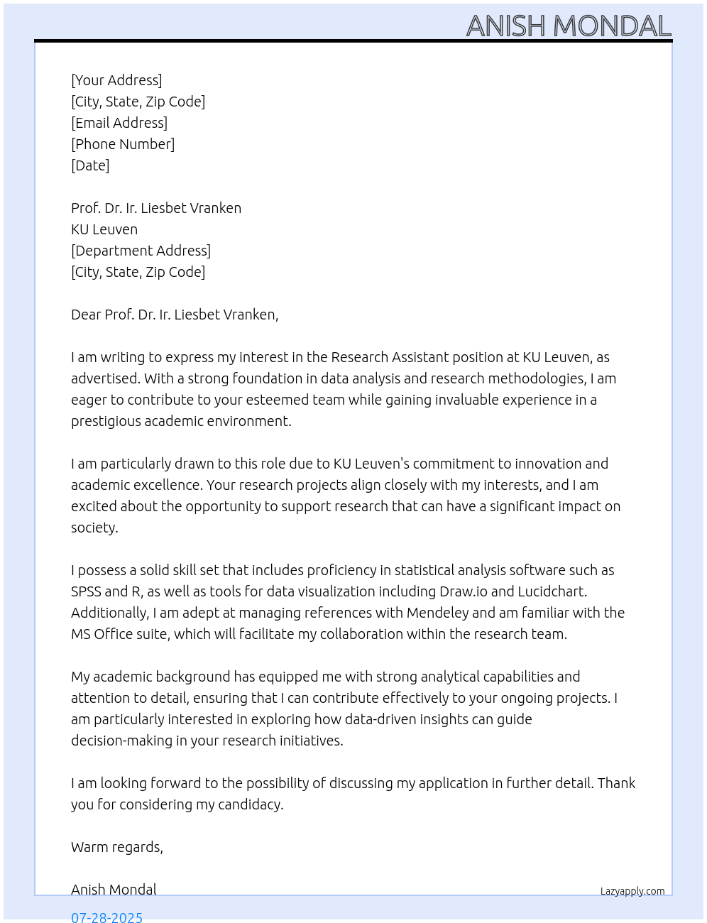 Research Assistant At Ku Leuven Cover Letter