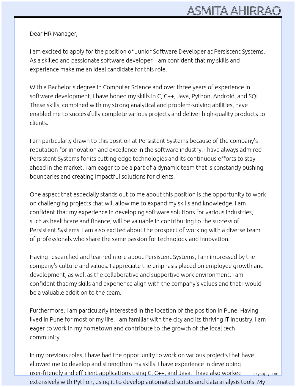 Junior Software Developer At Persistent Systems Cover Letter