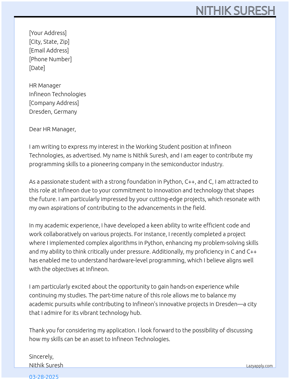Working Student At Infineon Technologies Cover Letter