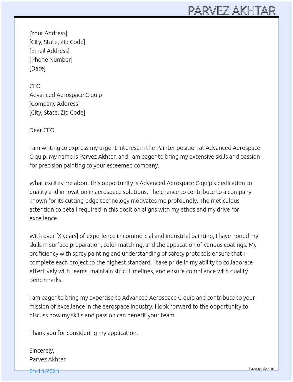 Painter At Advanced Aerospace C-quip Cover Letter