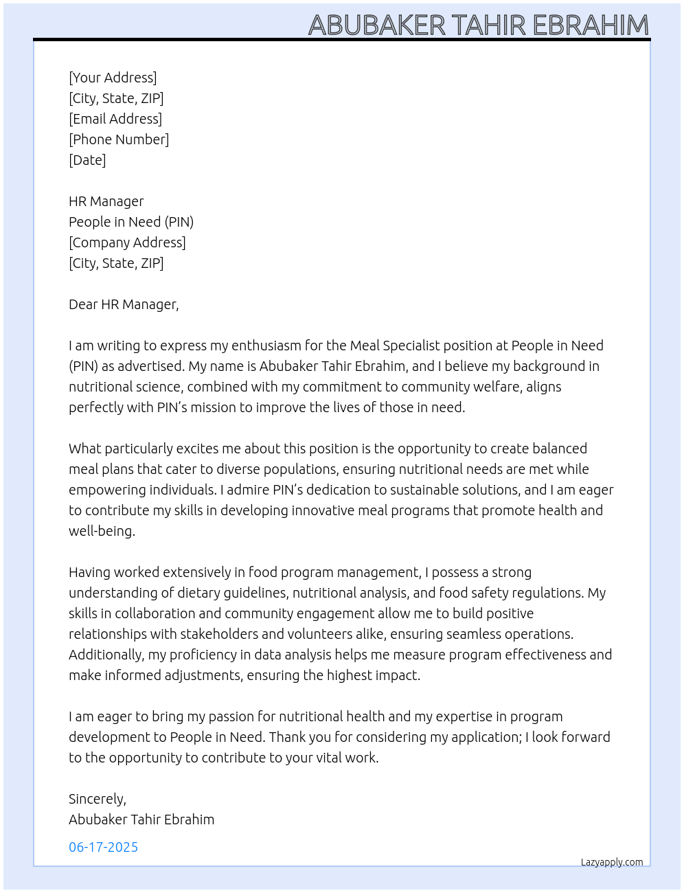 Meal Specialist  At People in Need _PIN Cover Letter