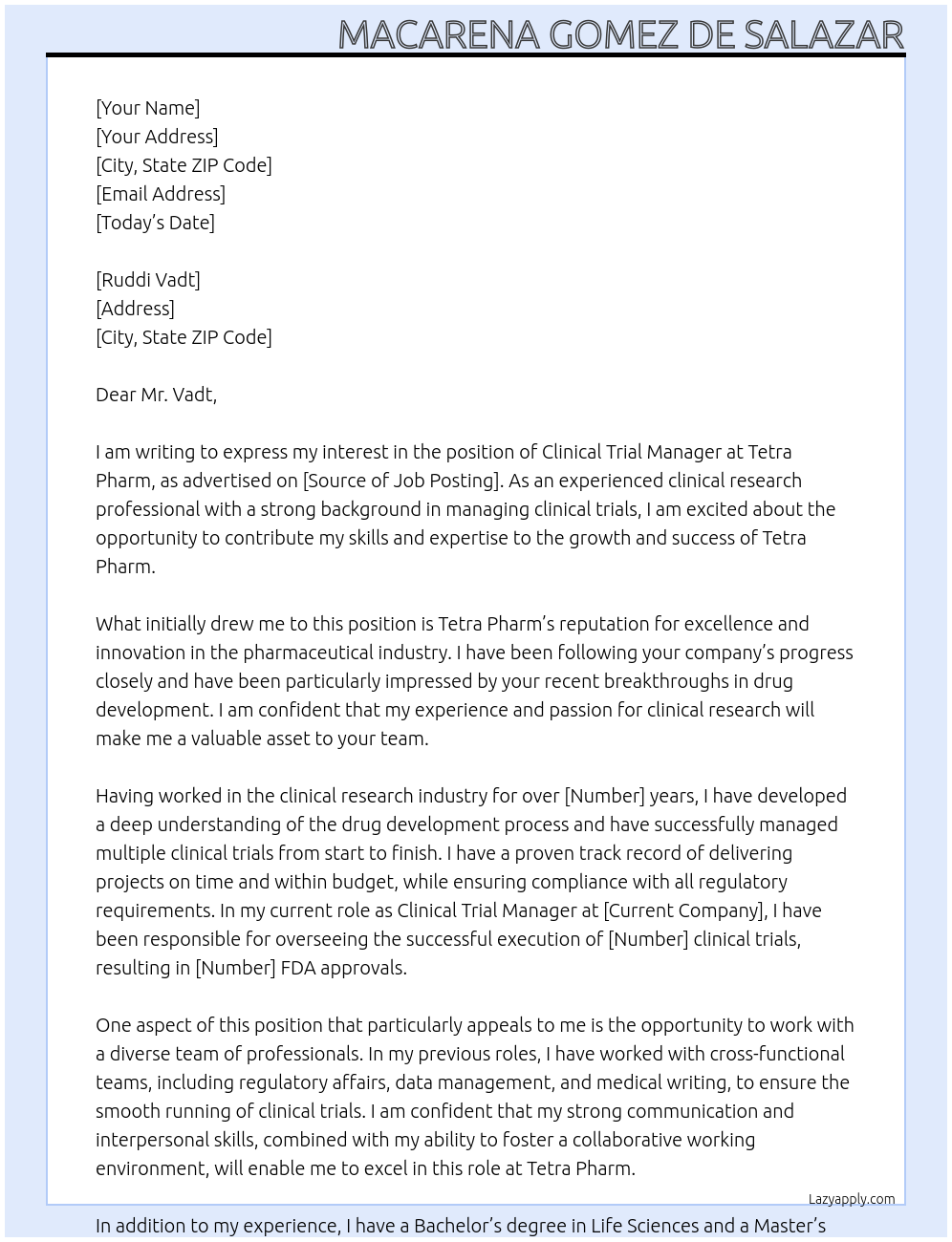 Clinical Trial Manager At Tetra Pharm Cover Letter