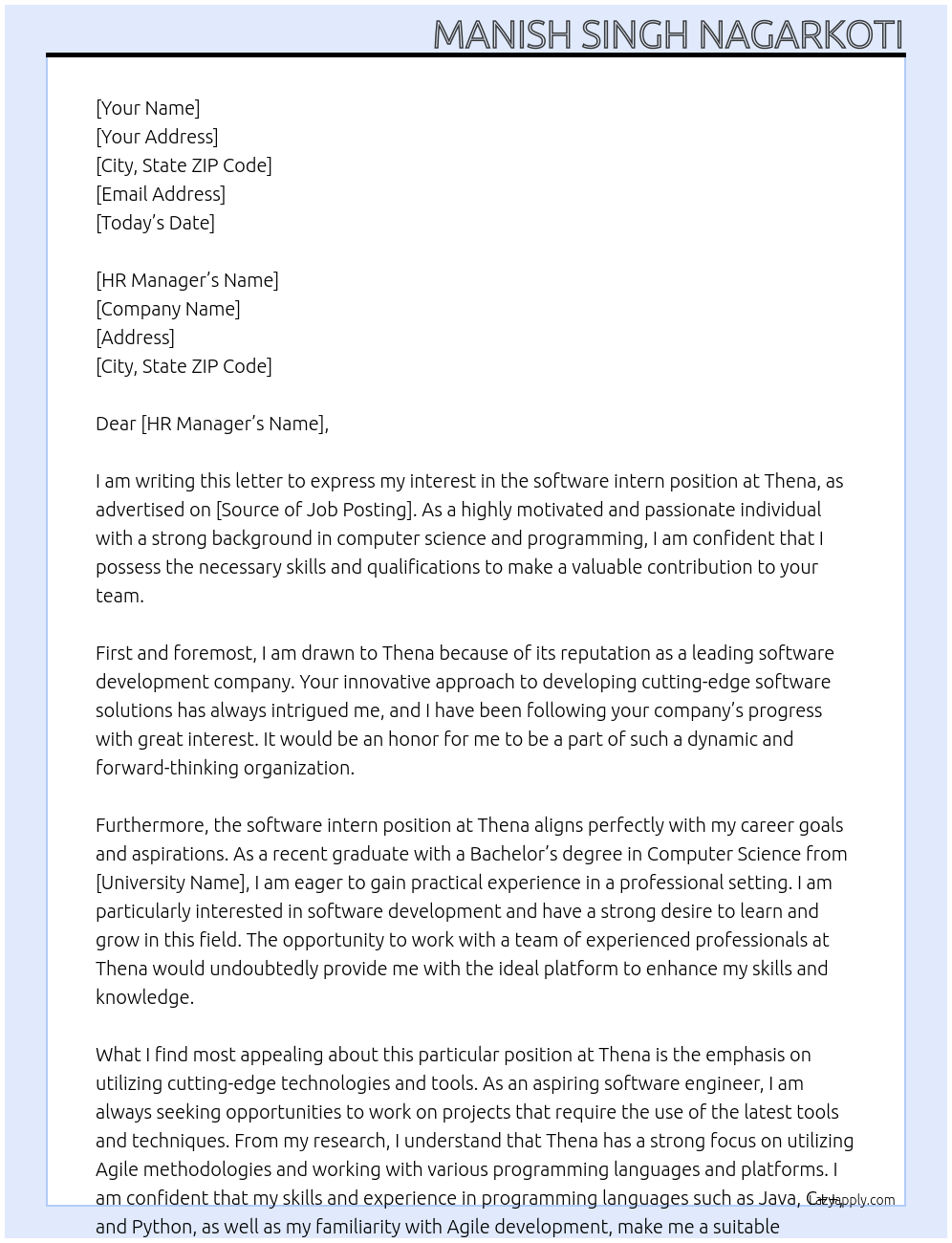 software intern At Thena Cover Letter