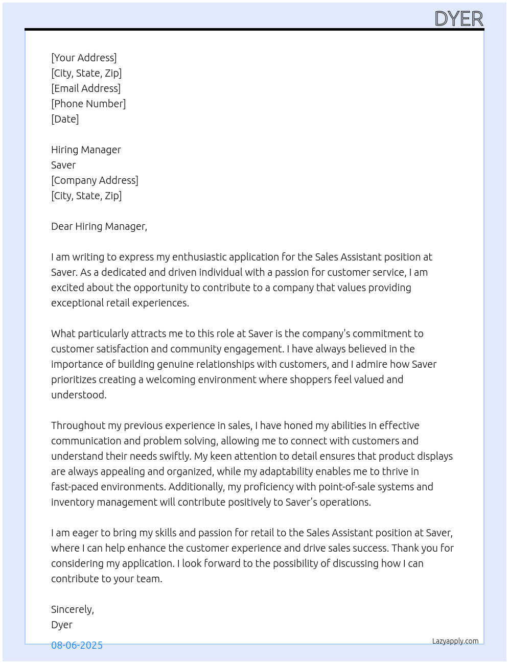 Cover letter for sale assistant - LazyApply