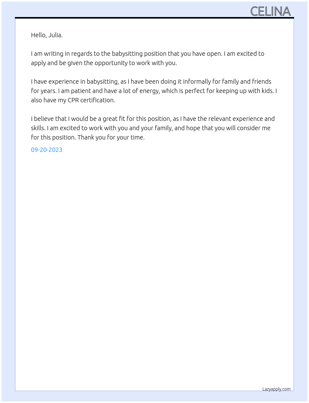 babysitter  At babysitting  Cover Letter