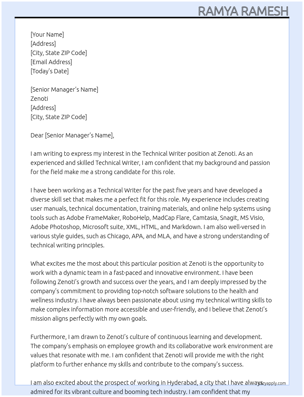 Technical Writer At Zenoti Cover Letter