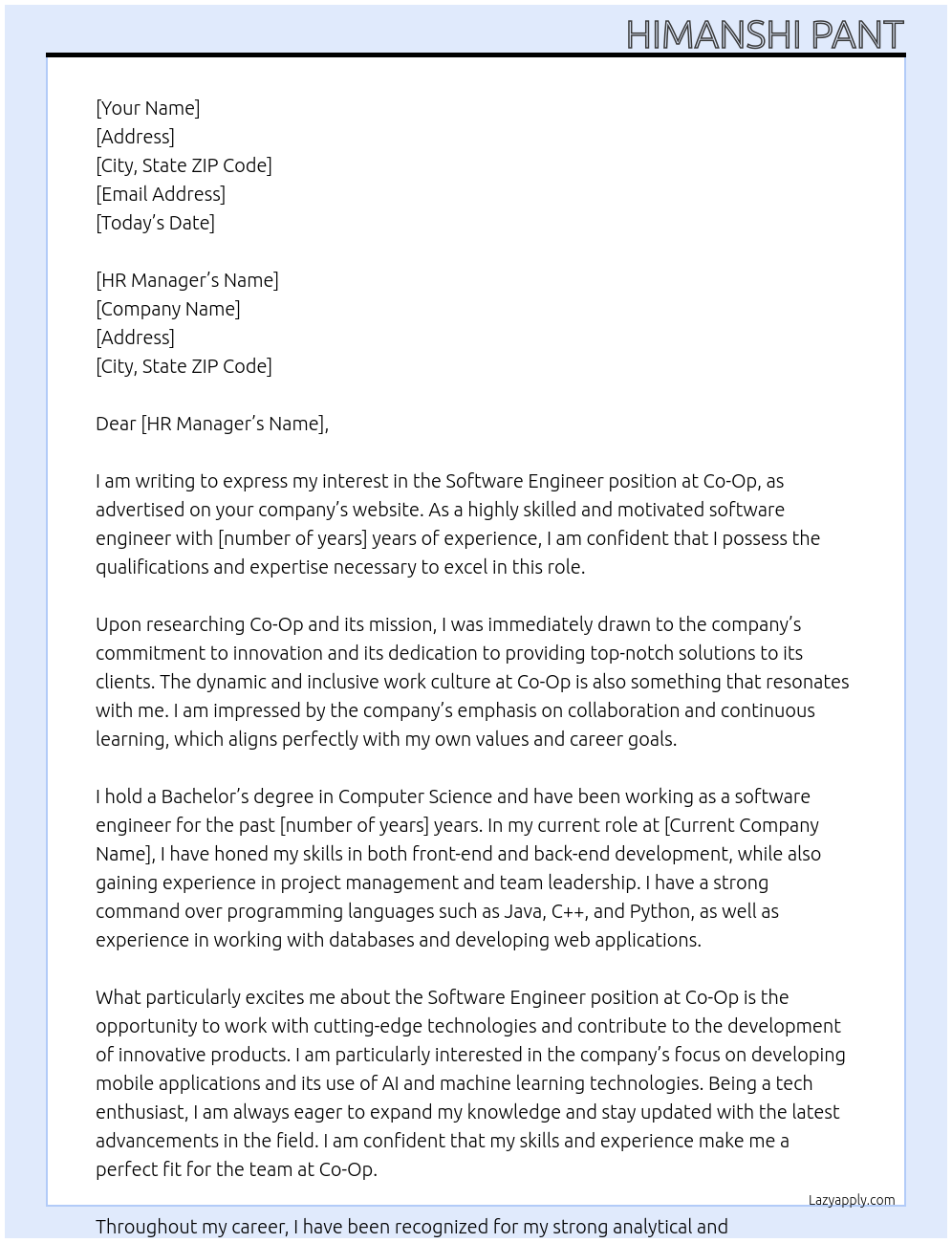 Software Engineer At Co-Op Cover Letter