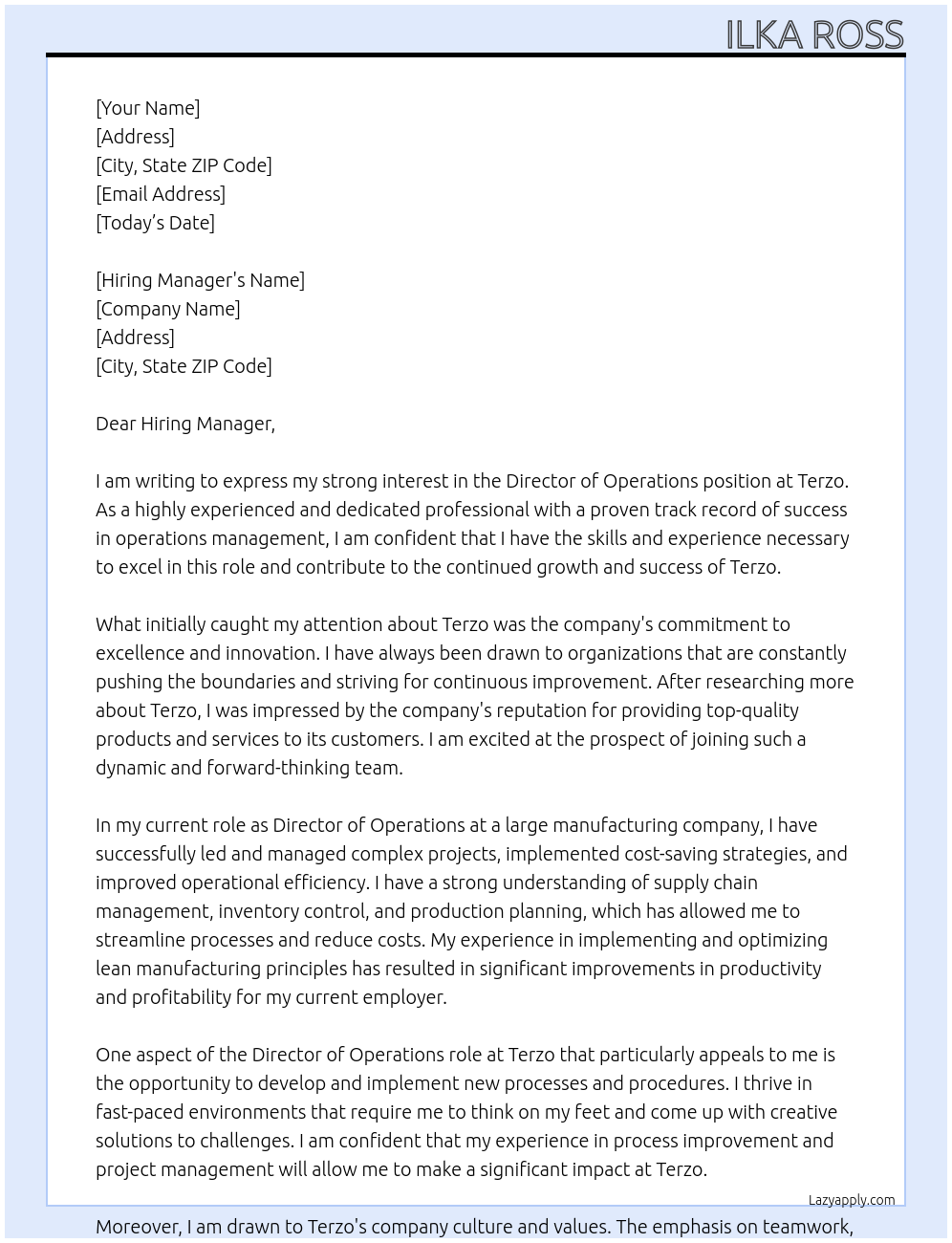 Director of Operations At Terzo Cover Letter