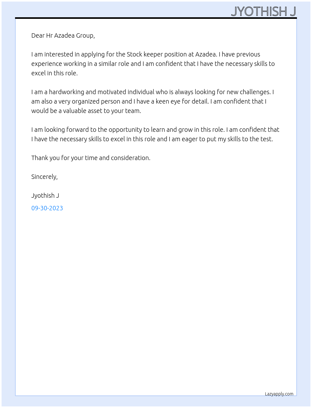 Cover letter for stock keeper - LazyApply