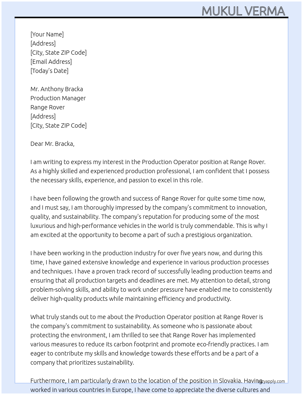 Production operator At Range rover Cover Letter