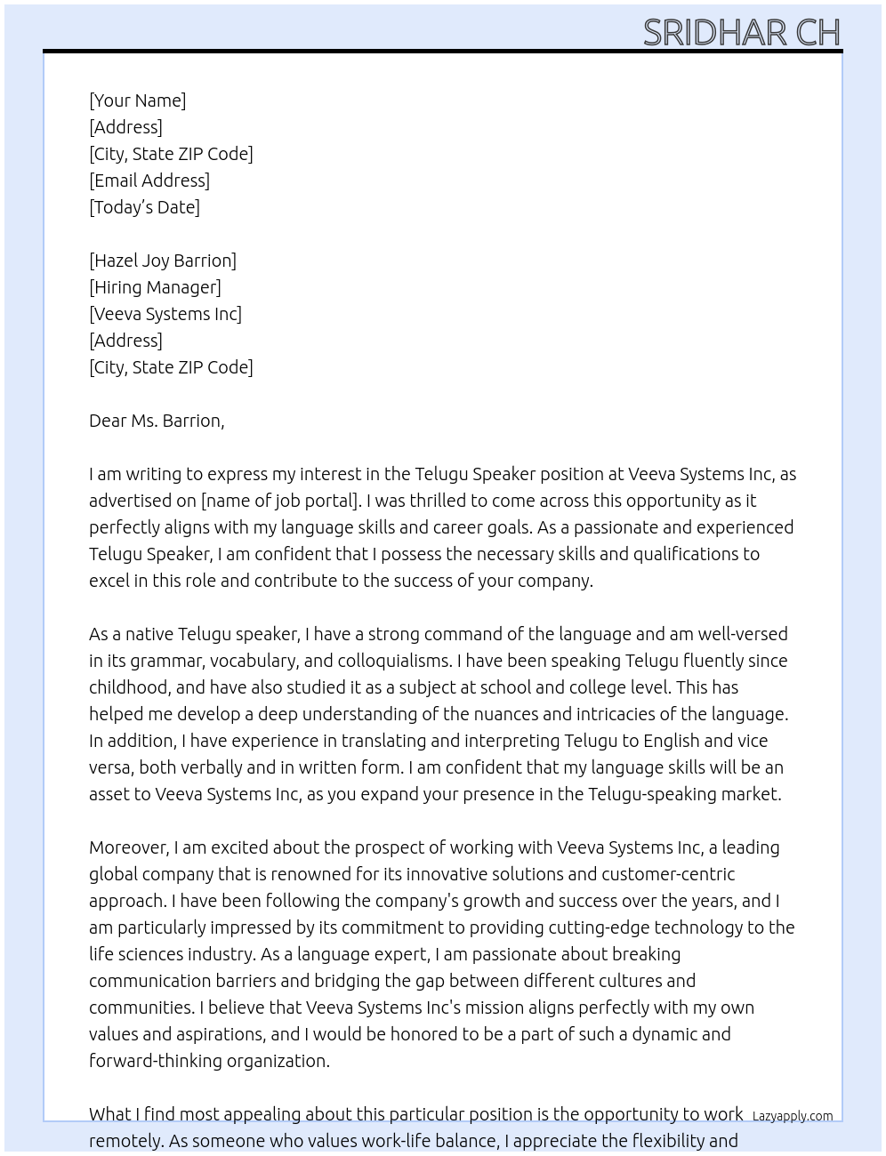 Telugu Speaker At Veeva Systems Inc Cover Letter