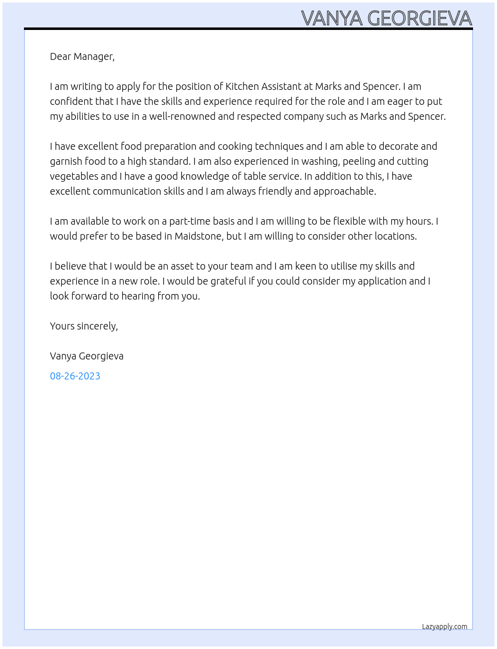 Kitchen Assistant At Marks and Spencer Cover Letter