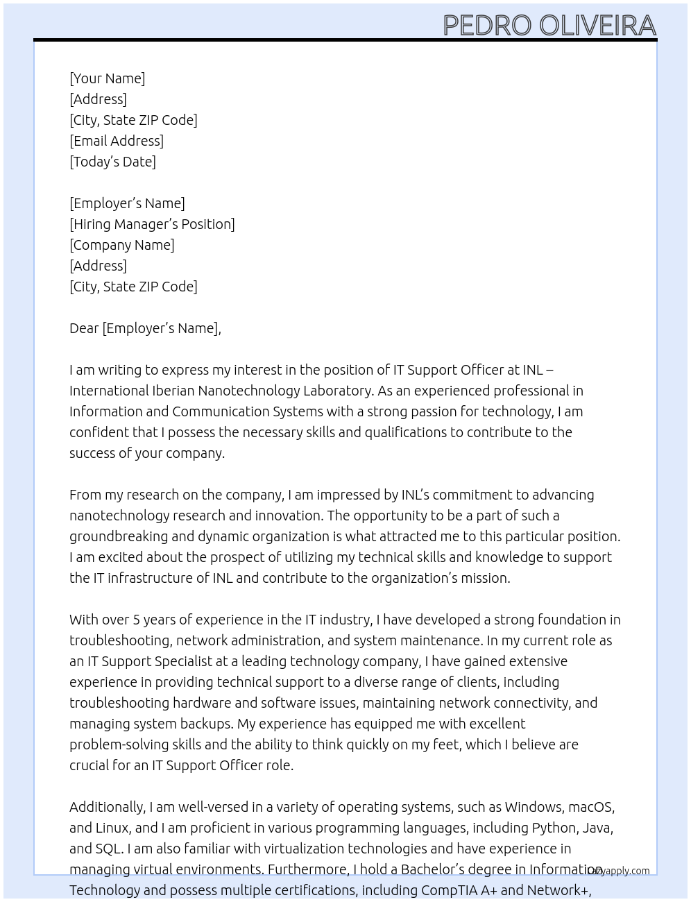 IT Support Officer At INL - International Iberian Nanotechnology Laboratory Cover Letter