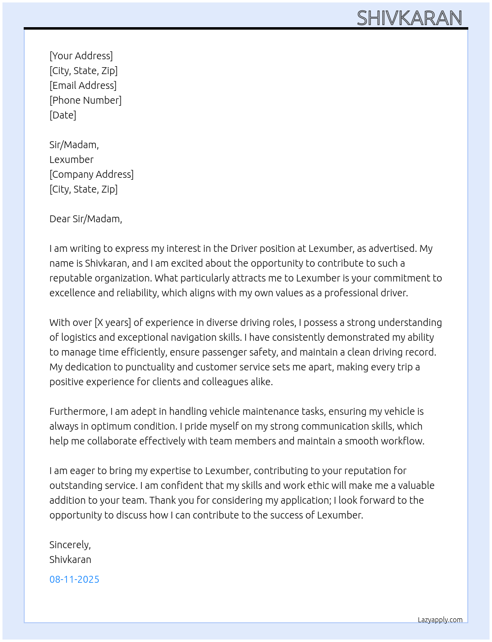 Driver  At Lexumber  Cover Letter