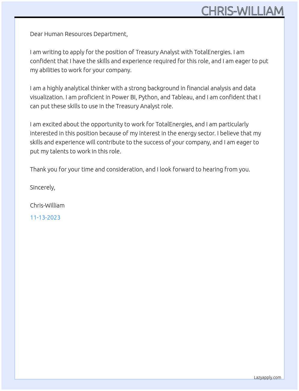 Treasury Analyst At TotalEnergies Cover Letter