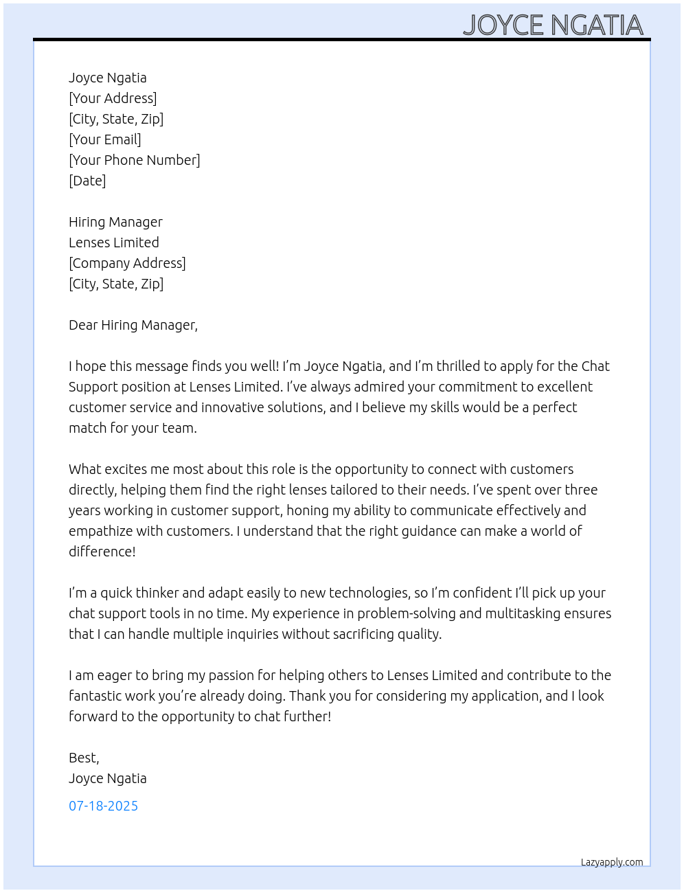 Chat support At Lenses limited Cover Letter