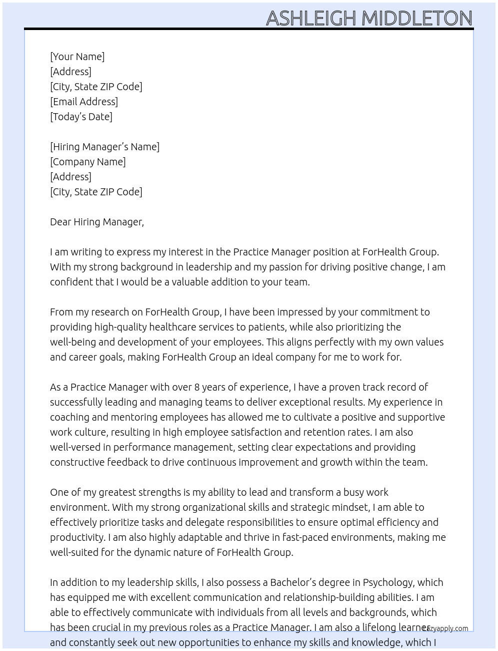 Practice Manager At ForHealth Group Cover Letter