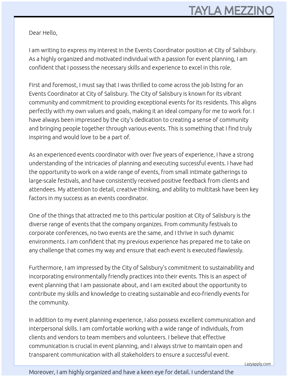 Events coordinator At City of Salisbury Cover Letter