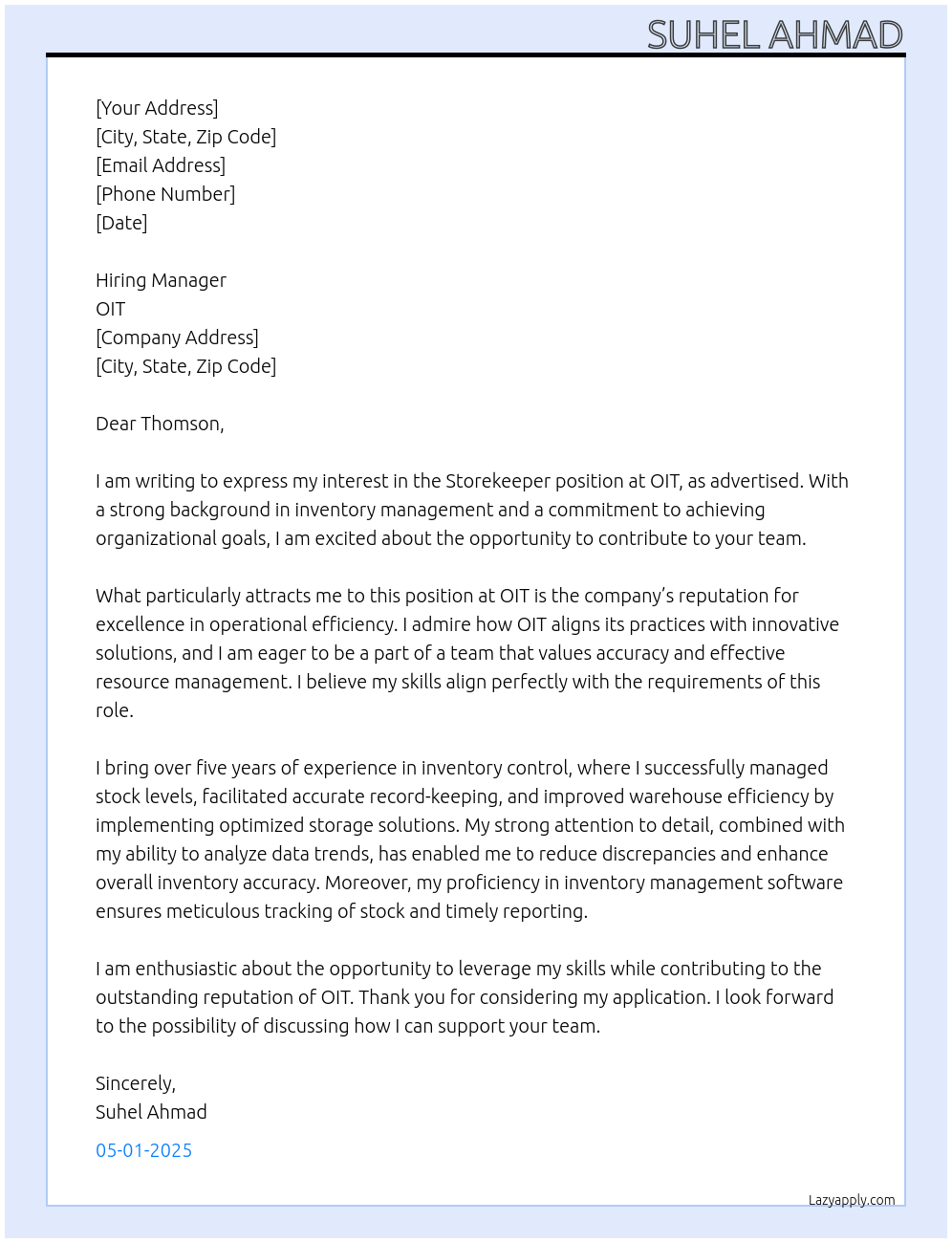 STOREKEEPER At OIT Cover Letter