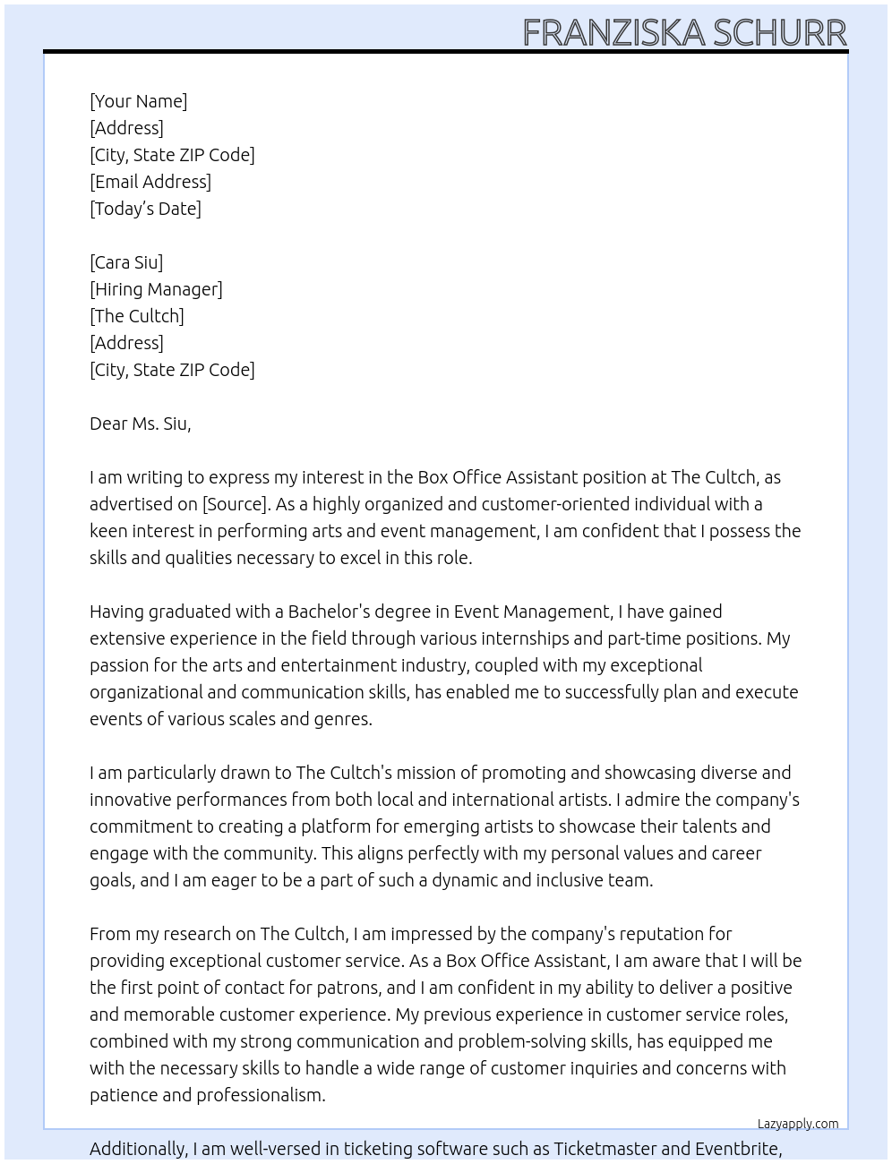 Box Office Assistant At The Cultch Cover Letter