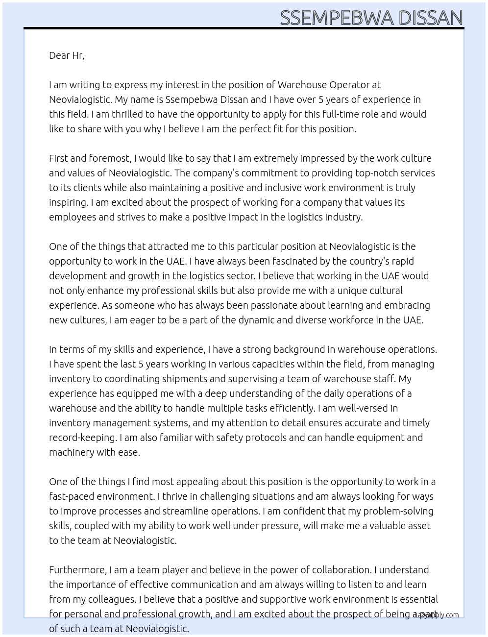 Warehouse operator At Neovialogistic Cover Letter