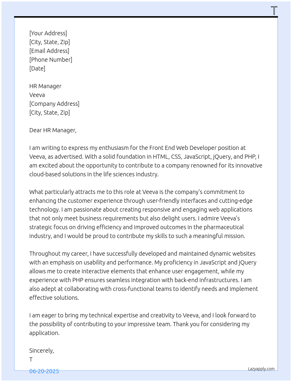 Front end web developer At Veeva Cover Letter