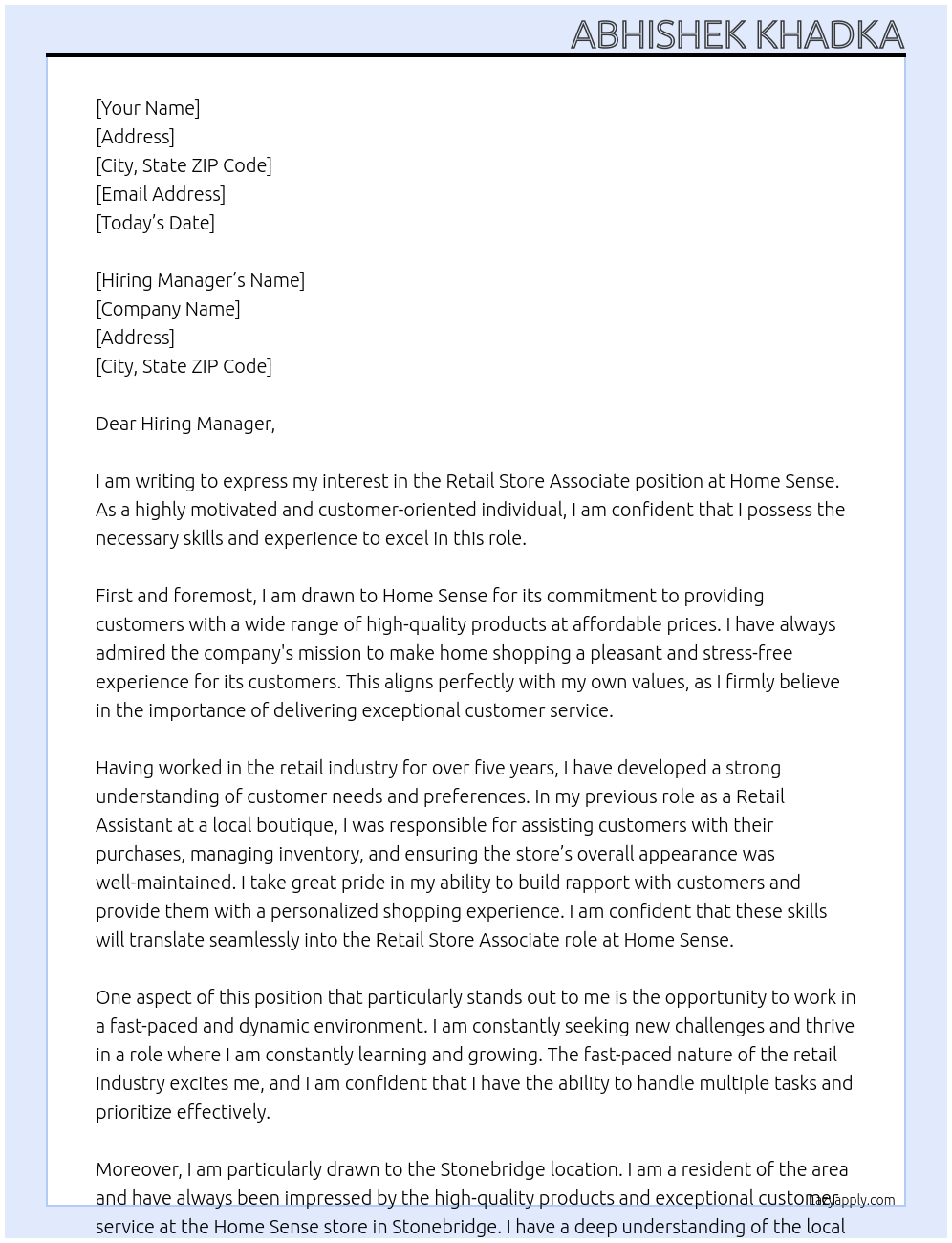 Retail store associate At Home Sense Cover Letter