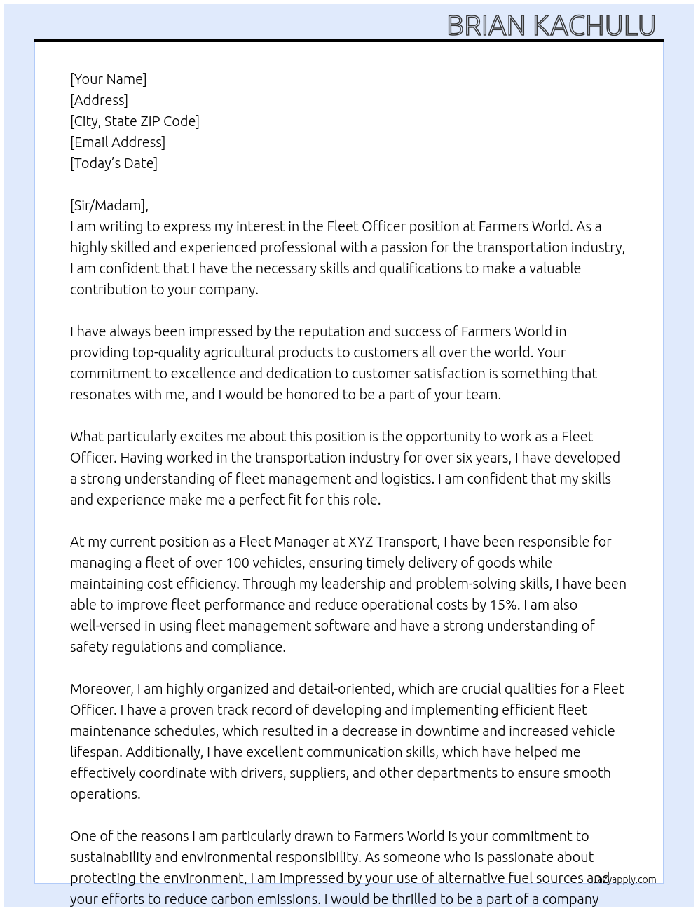 Fleet officer  At Farmers world  Cover Letter