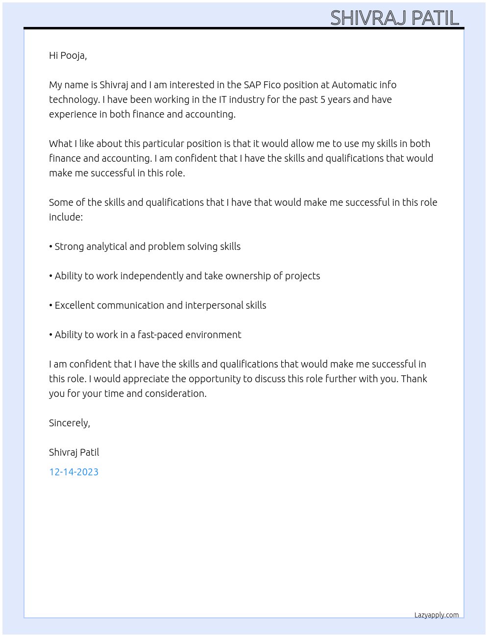 SAP Fico At Automatic info technology Cover Letter