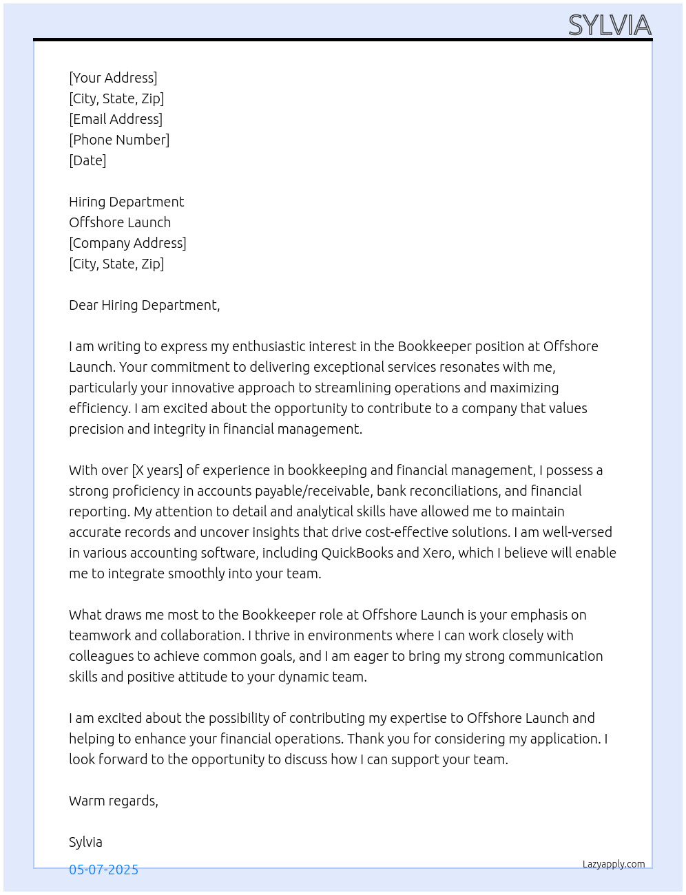 bookkeeper At Offshore Launch Cover Letter