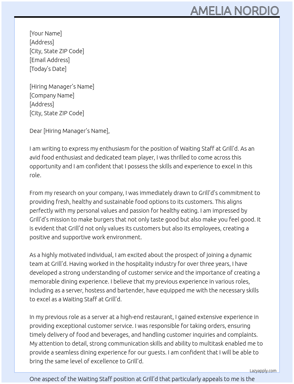 Waiting staff At Grill'd Cover Letter