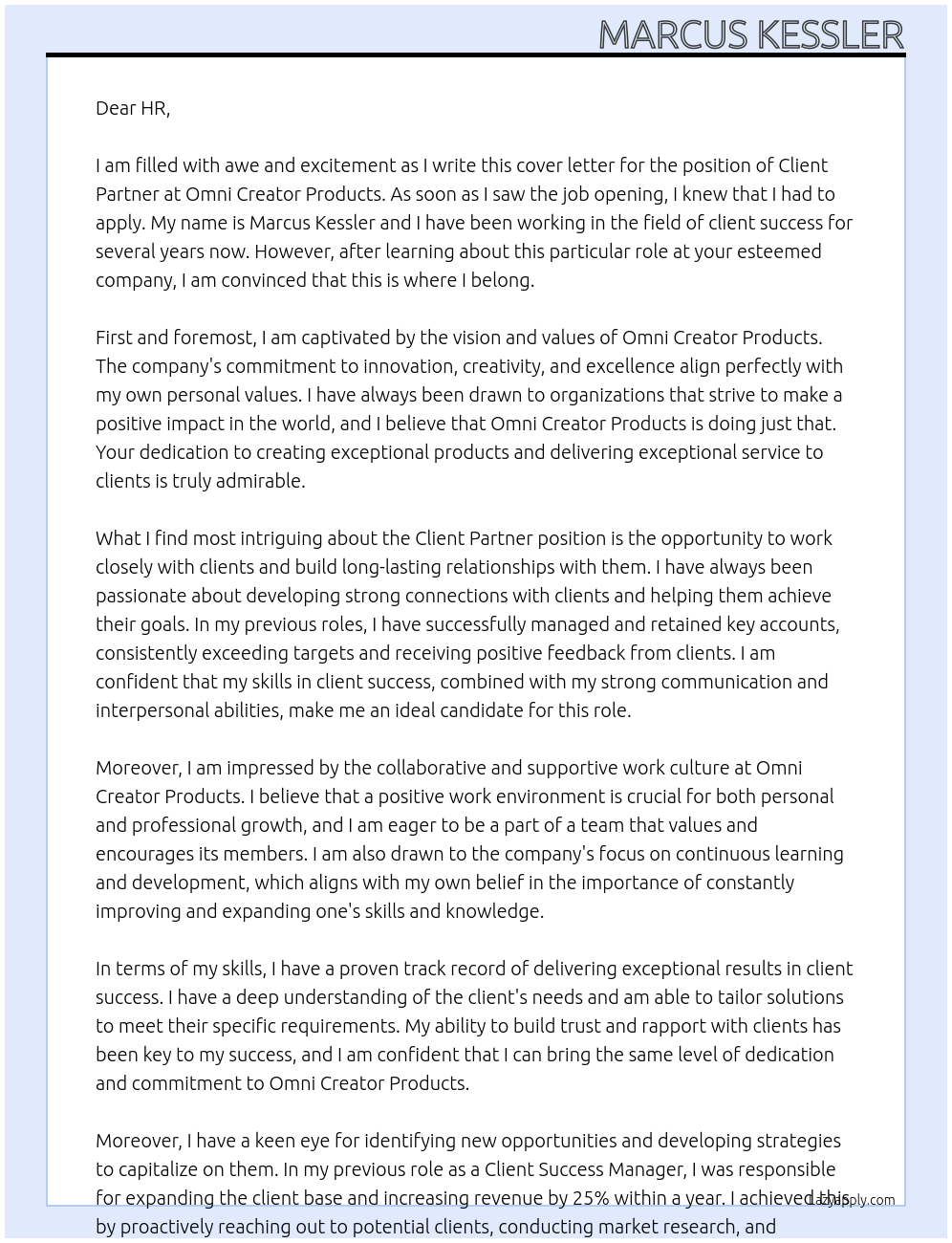 Client Partner At Omni Creator Products Cover Letter