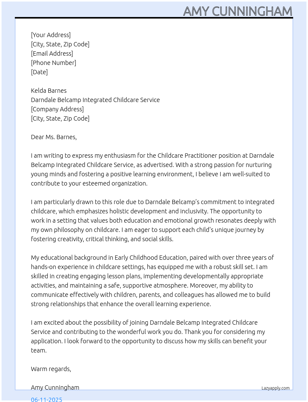 Cover letter for childcare practitioner - LazyApply