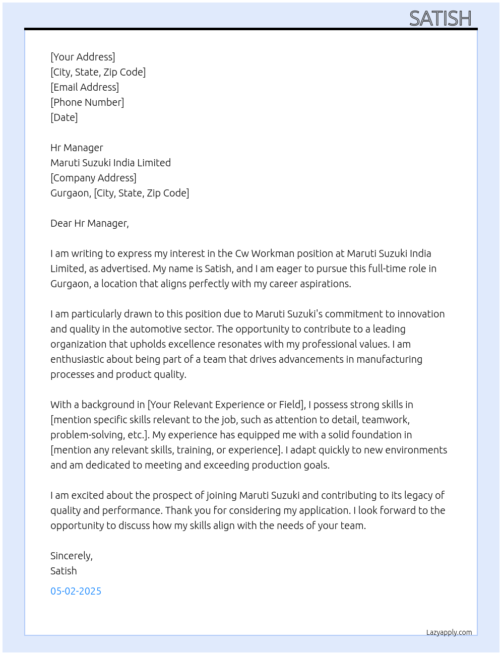 Cw workman  At Maruti suzuki india limited  Cover Letter