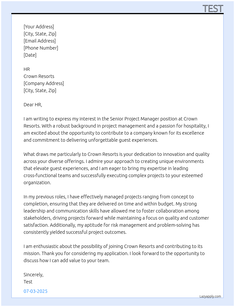 Senior Project Manager At Crown Resorts Cover Letter