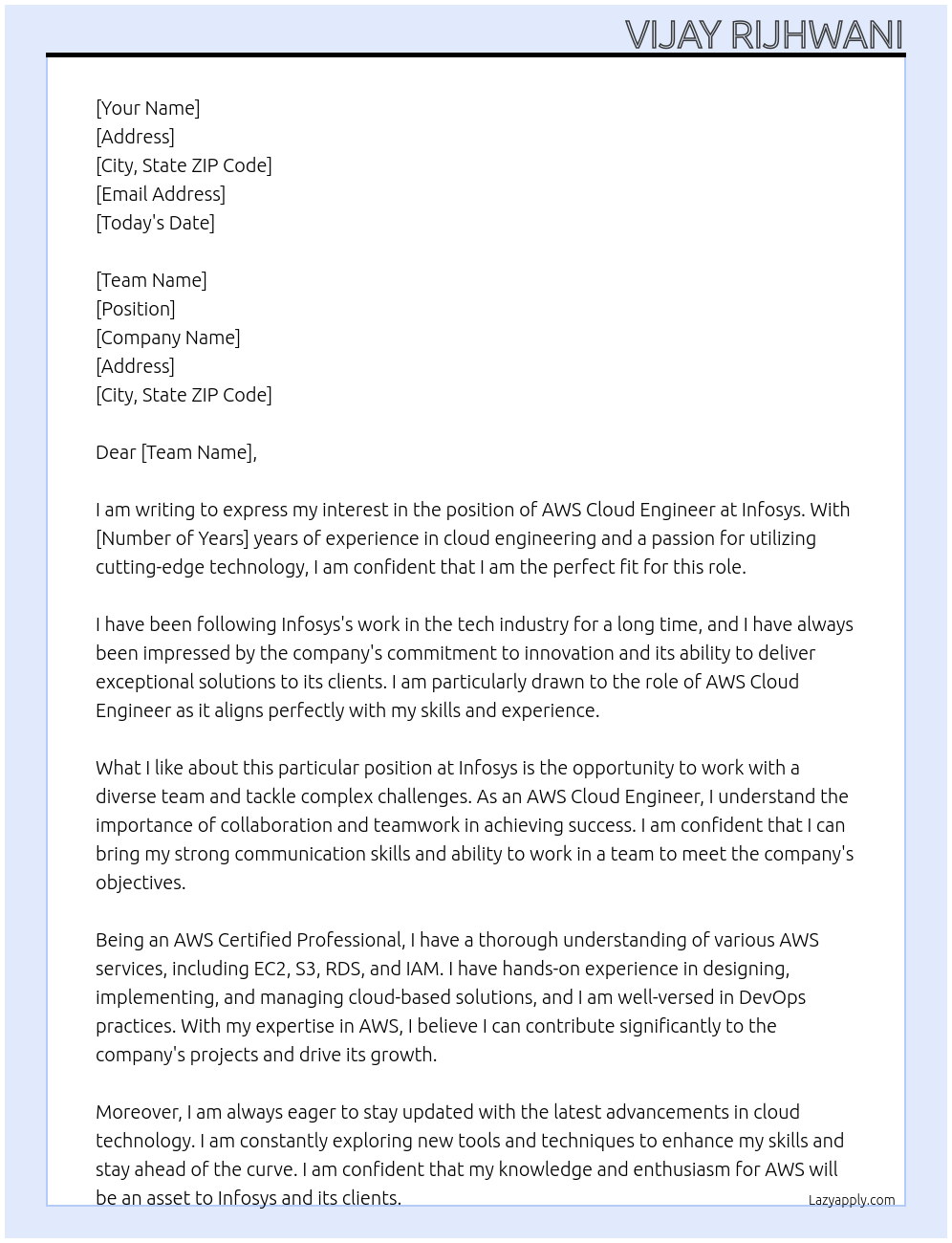 AWS Cloud Engineer At infosys Cover Letter