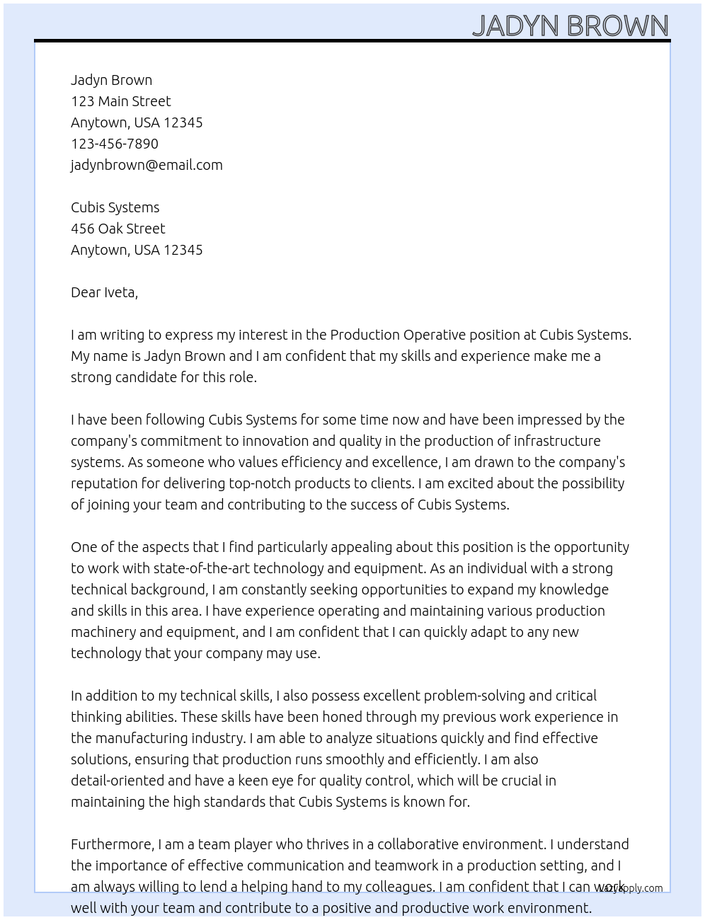 Production operative At Cubis systems Cover Letter