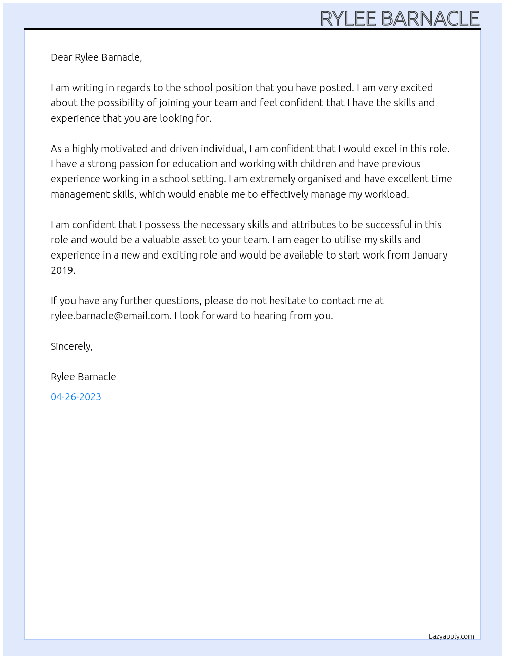 School At Rylee Barnacle Cover Letter