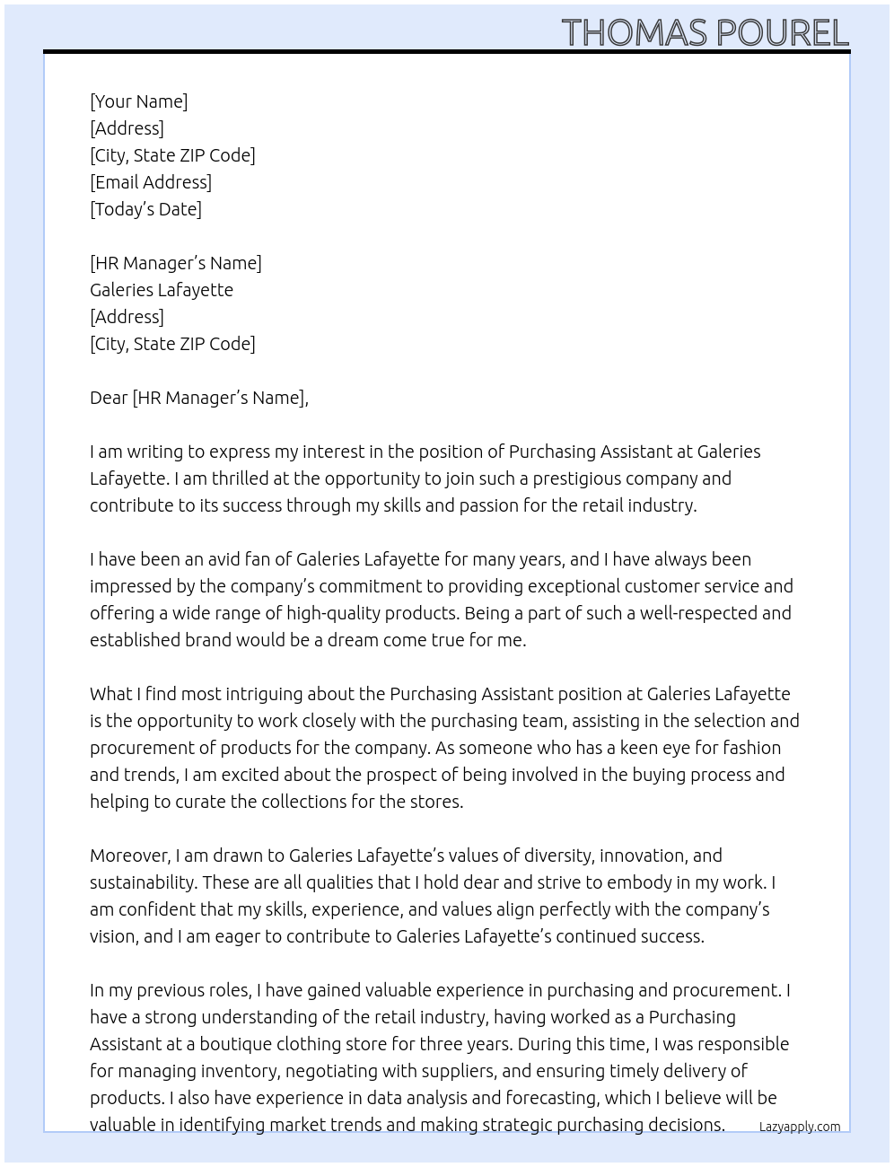 Purchasing Assistant At Galeries Lafayette Cover Letter
