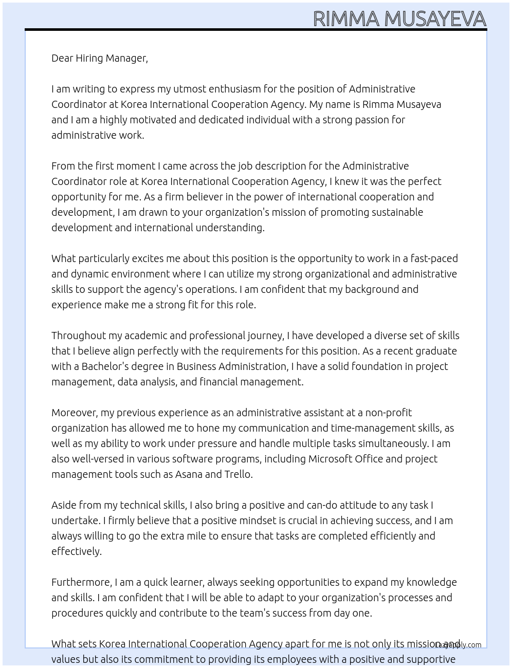 Administrative Coordinator At Korea International Cooperation Agency Cover Letter