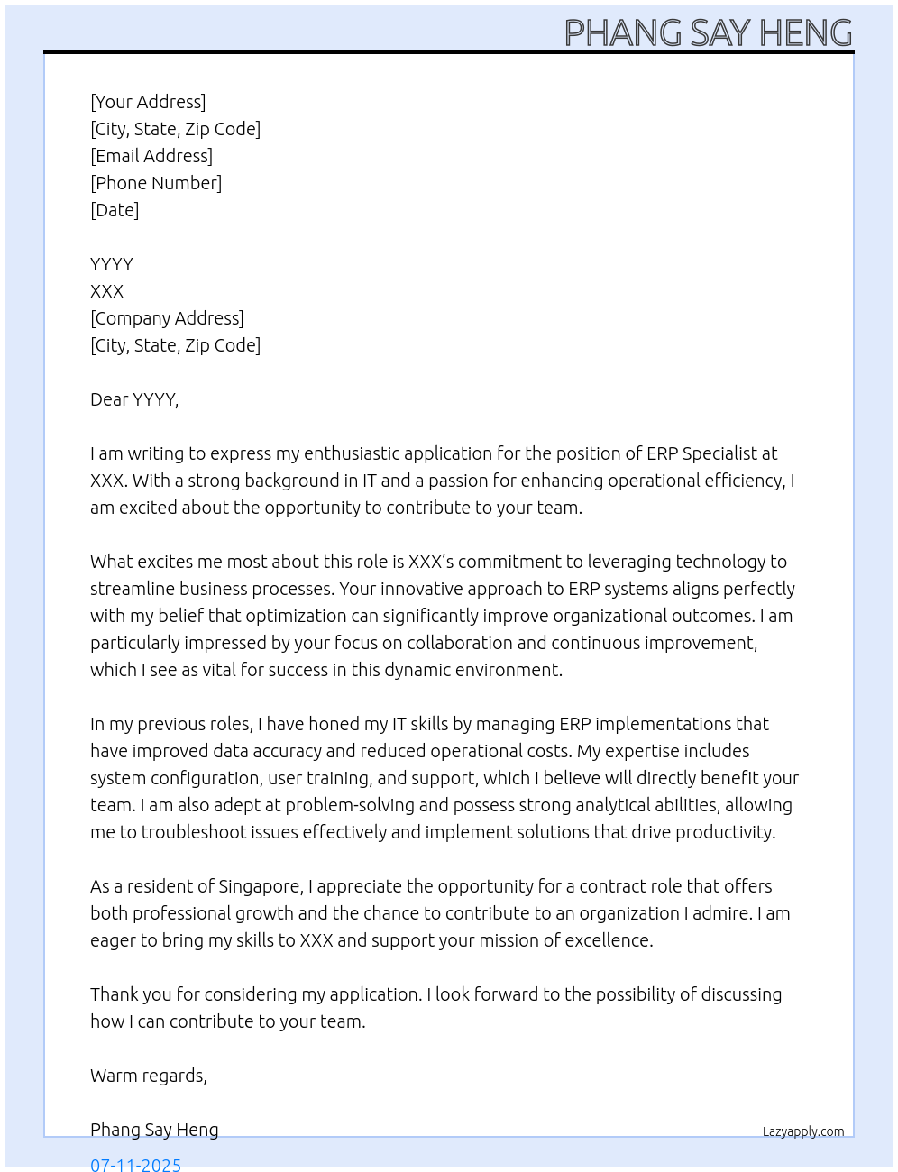 ERP Specailst At XXX Cover Letter