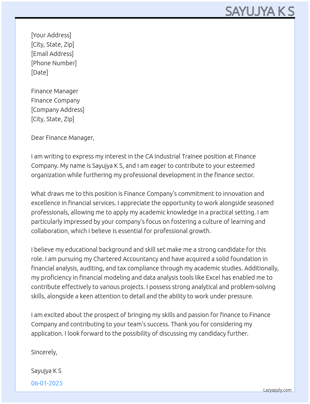 CA Industrial Trainee At Finance company Cover Letter