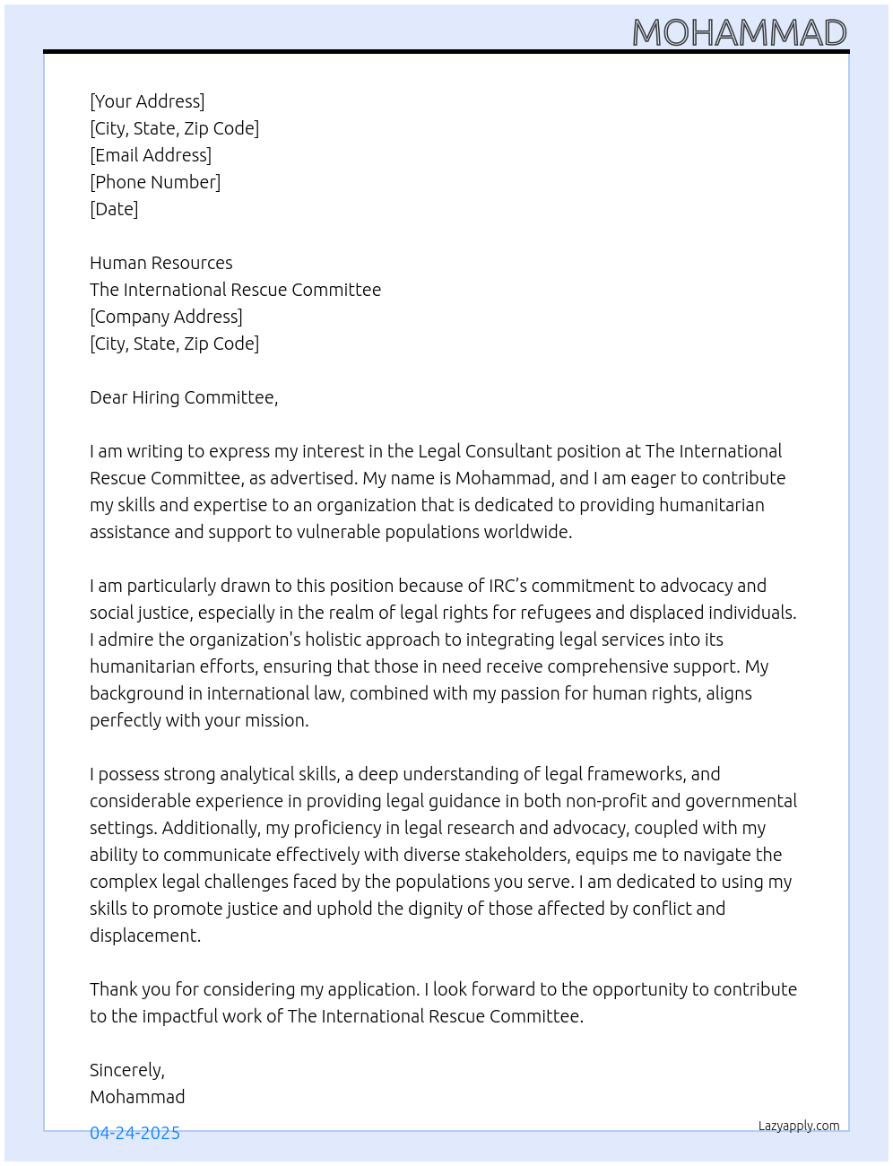 Cover letter for legal consultant - LazyApply