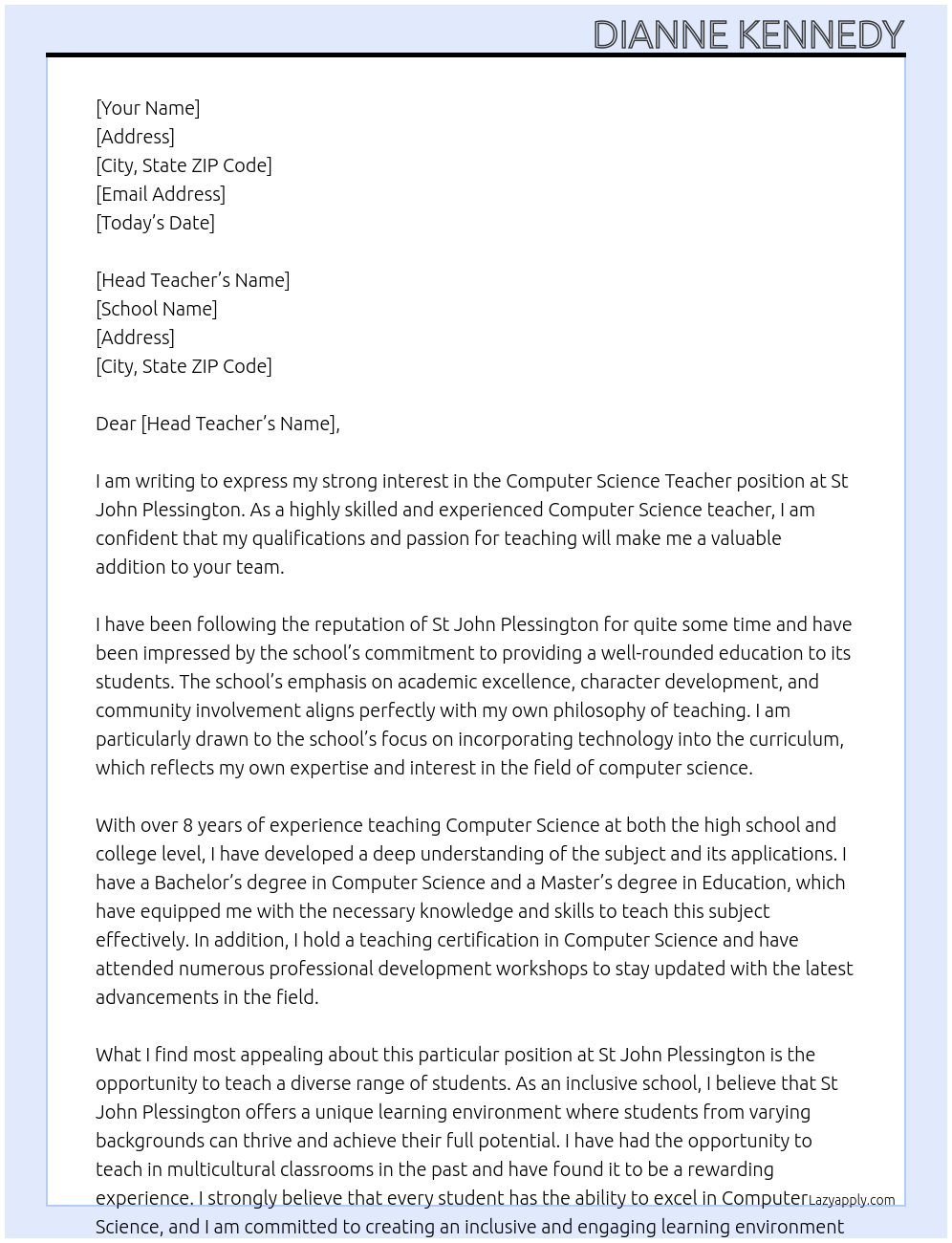 Computer Science Teacher At St John Plessington Cover Letter