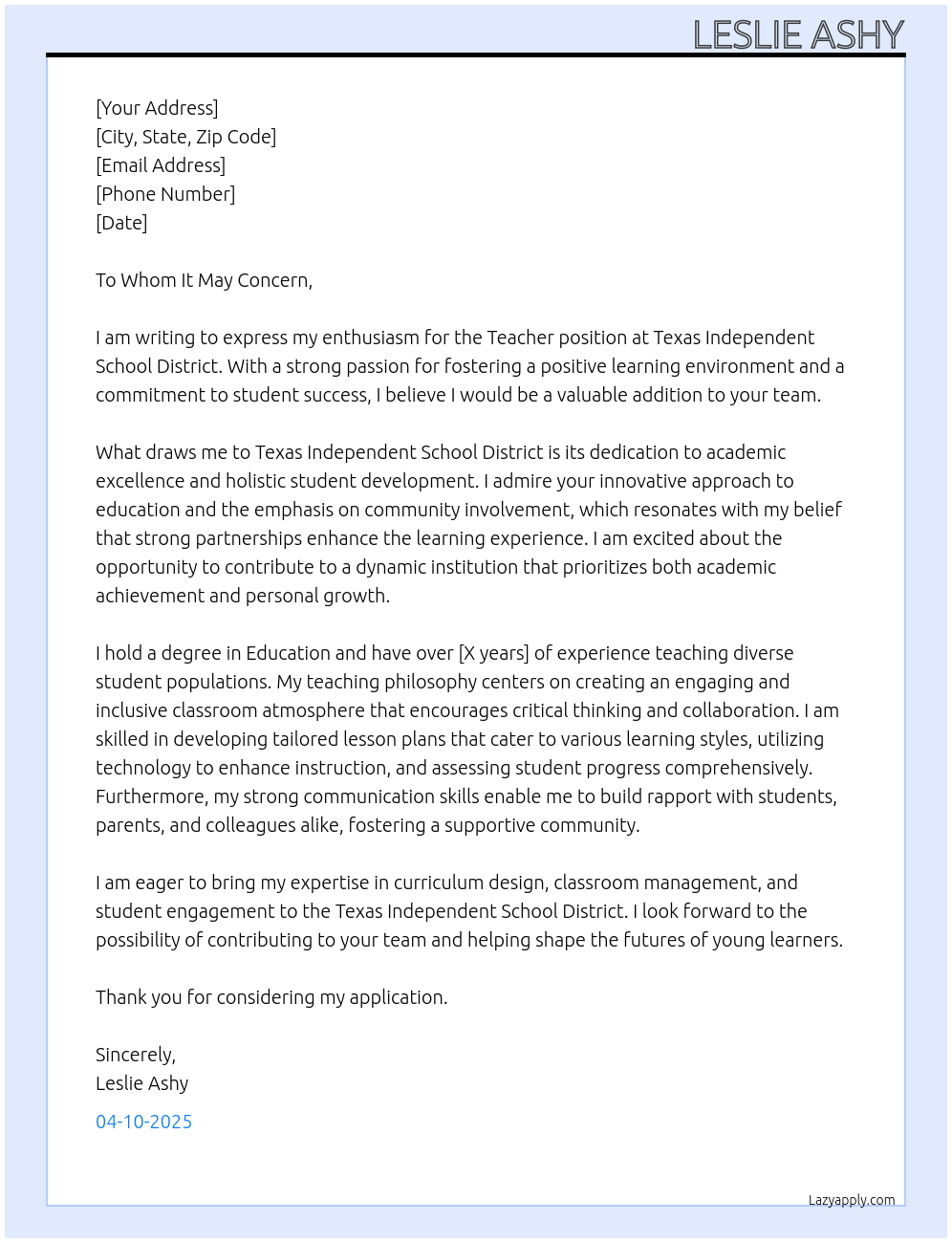 Teacher At Texas Independent School District Cover Letter