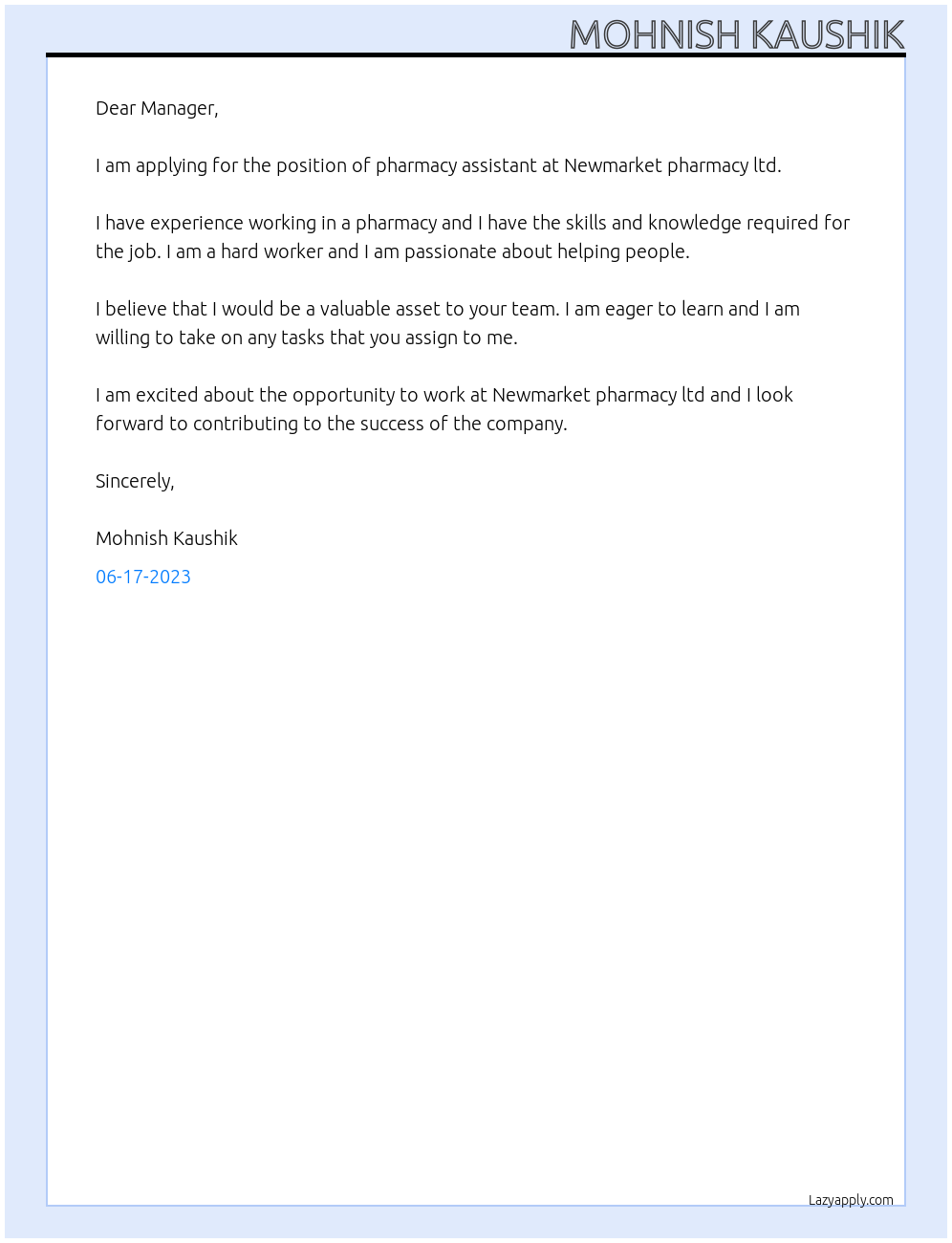 Pharmacy assistant At Newmarket pharmacy ltd. Cover Letter