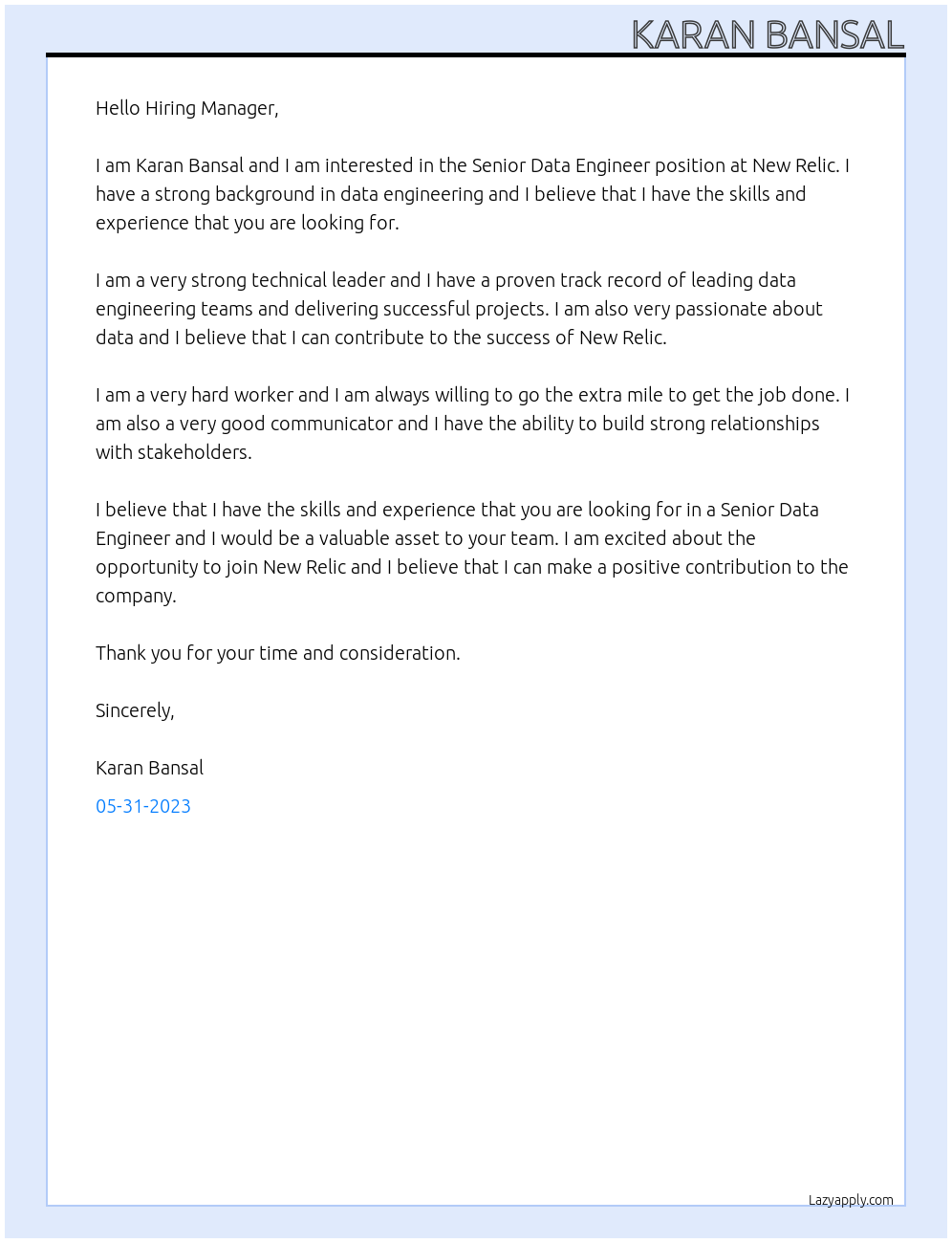 Senior Data Engineer At New Relic Cover Letter