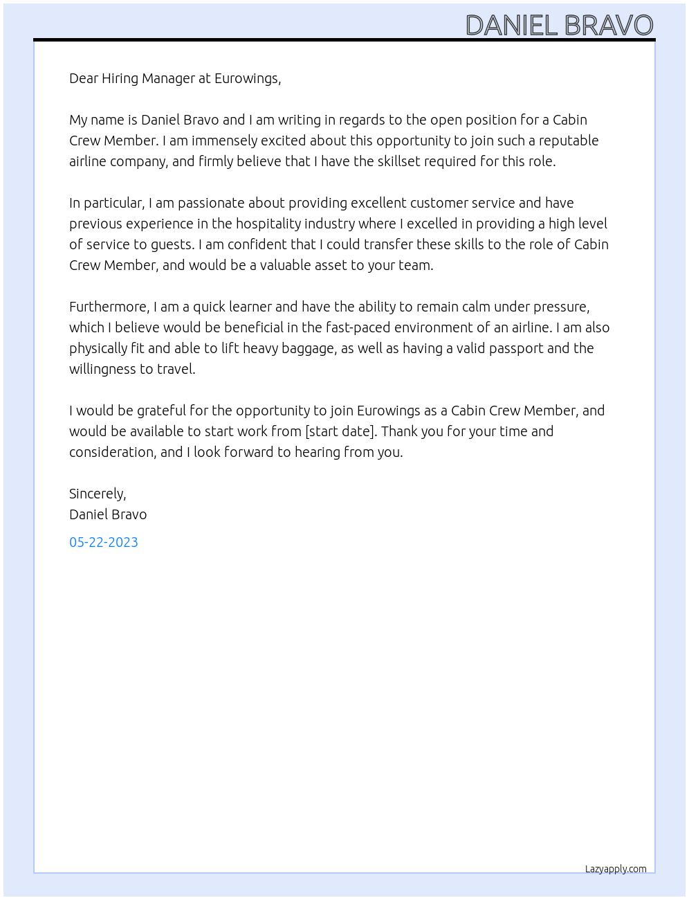 Cabin Crew Member At Eurowings Cover Letter