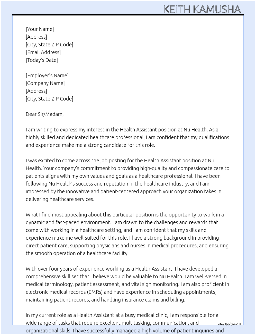 Health assistant At Nu health Cover Letter